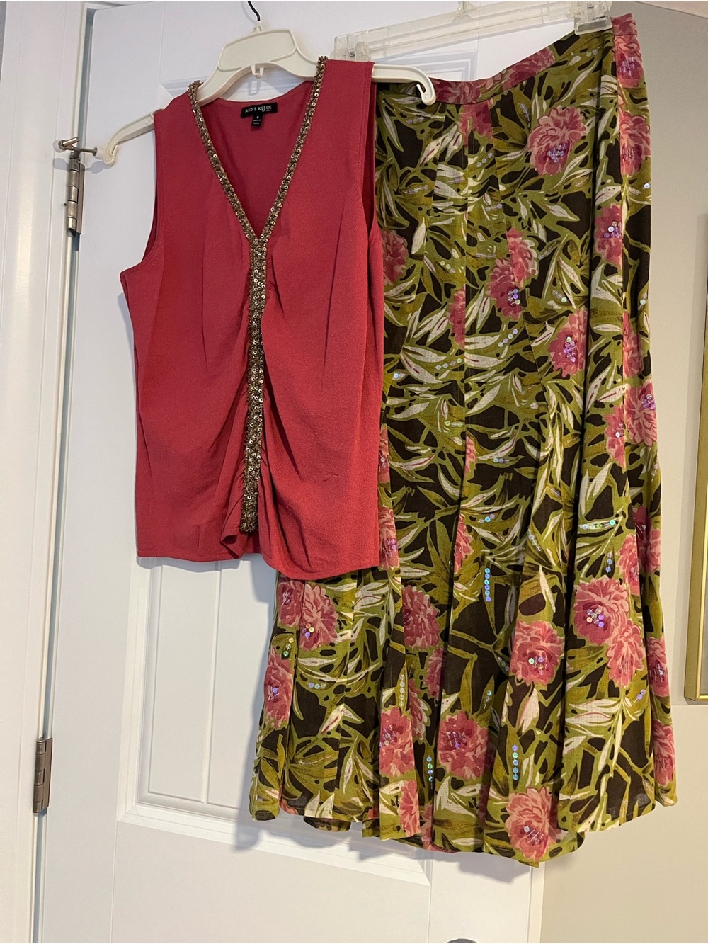 Anne Klein Olive Green Floral Maxi Skirt with Pink Blooms and Sequined Rose Tank